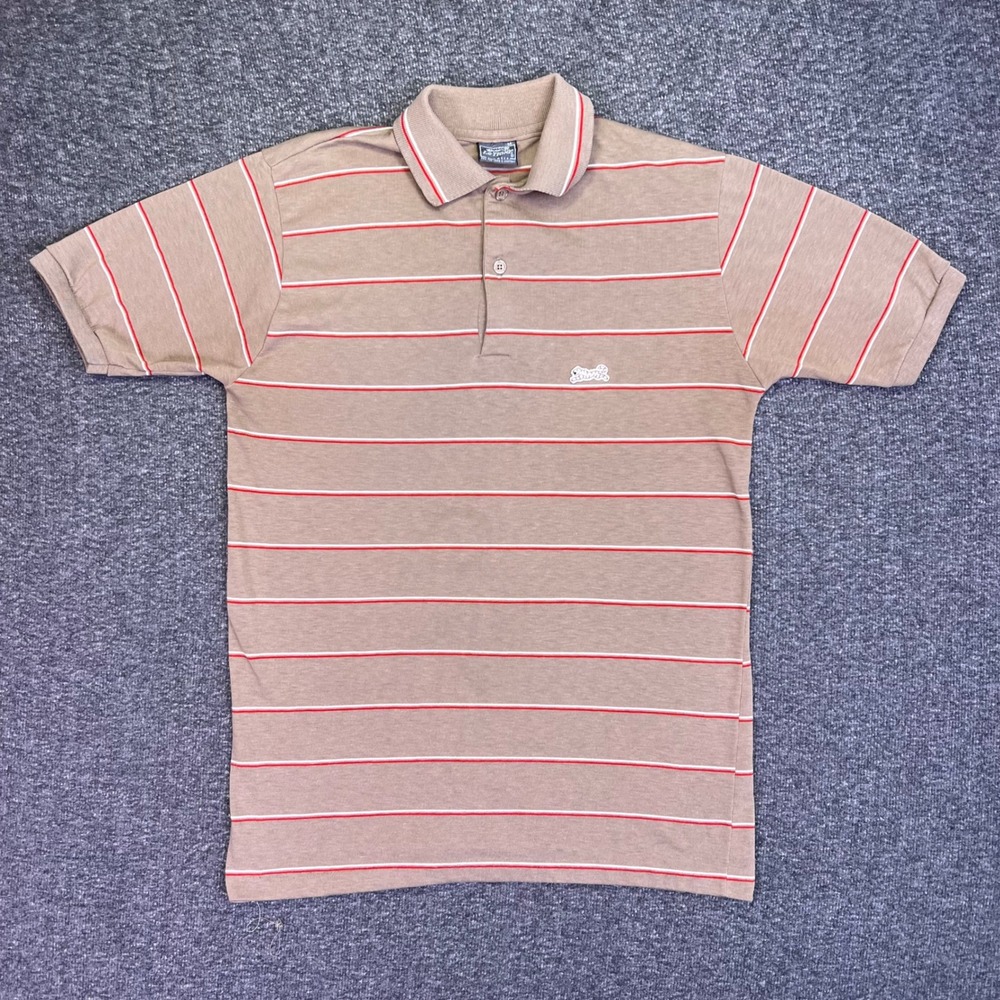 Le Tigre Polo Shirt Mens Medium Tan Striped Vintage Casual Short Sleeve Made USA